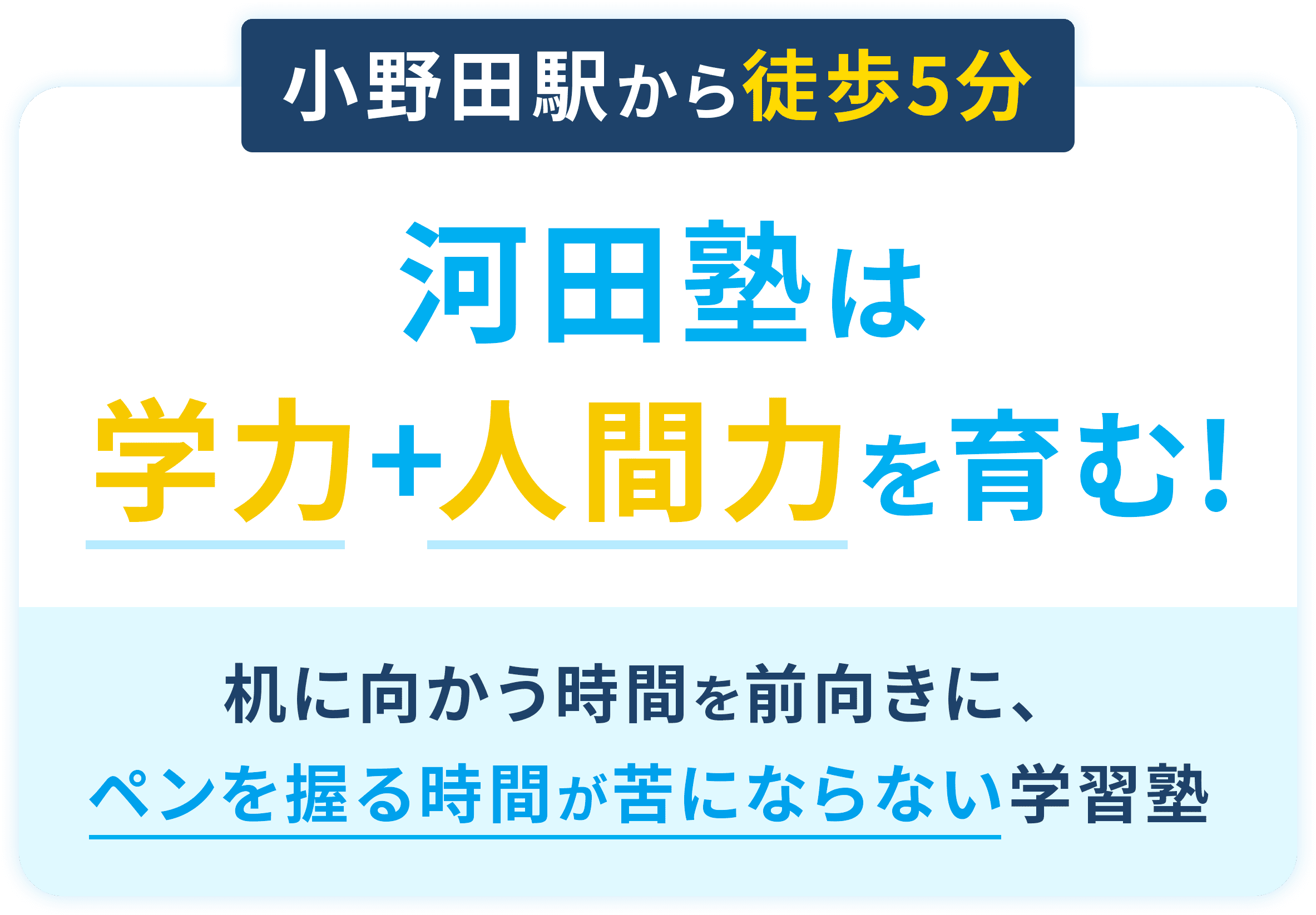 小野田駅から徒歩5分 河田塾は学力と人間力をは育む！ 机に向かう時間を前向きに、ぺンを握る時間が苦にならない学習塾